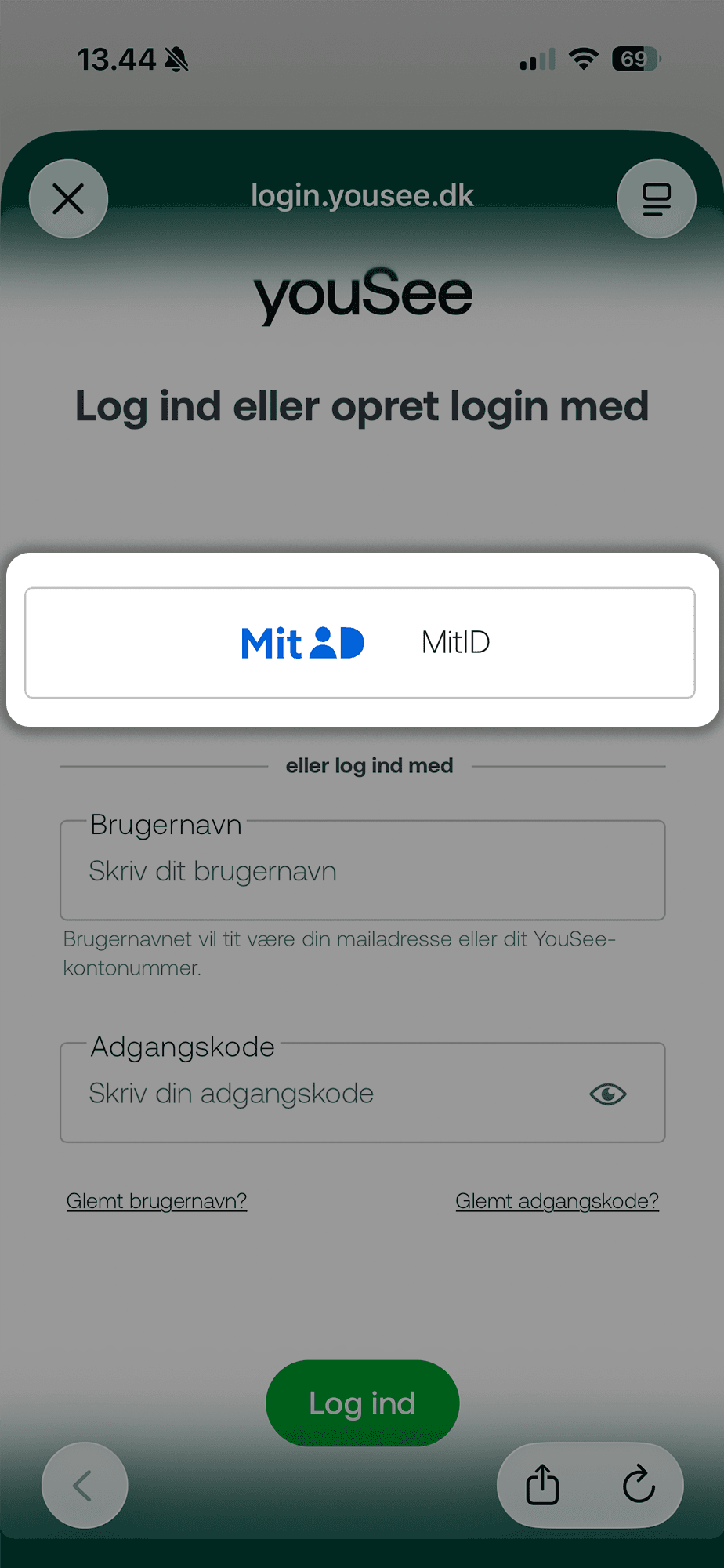 Mit YouSee loginside på mobil med MitID-loginknap markeret og felter til brugernavn og adgangskode