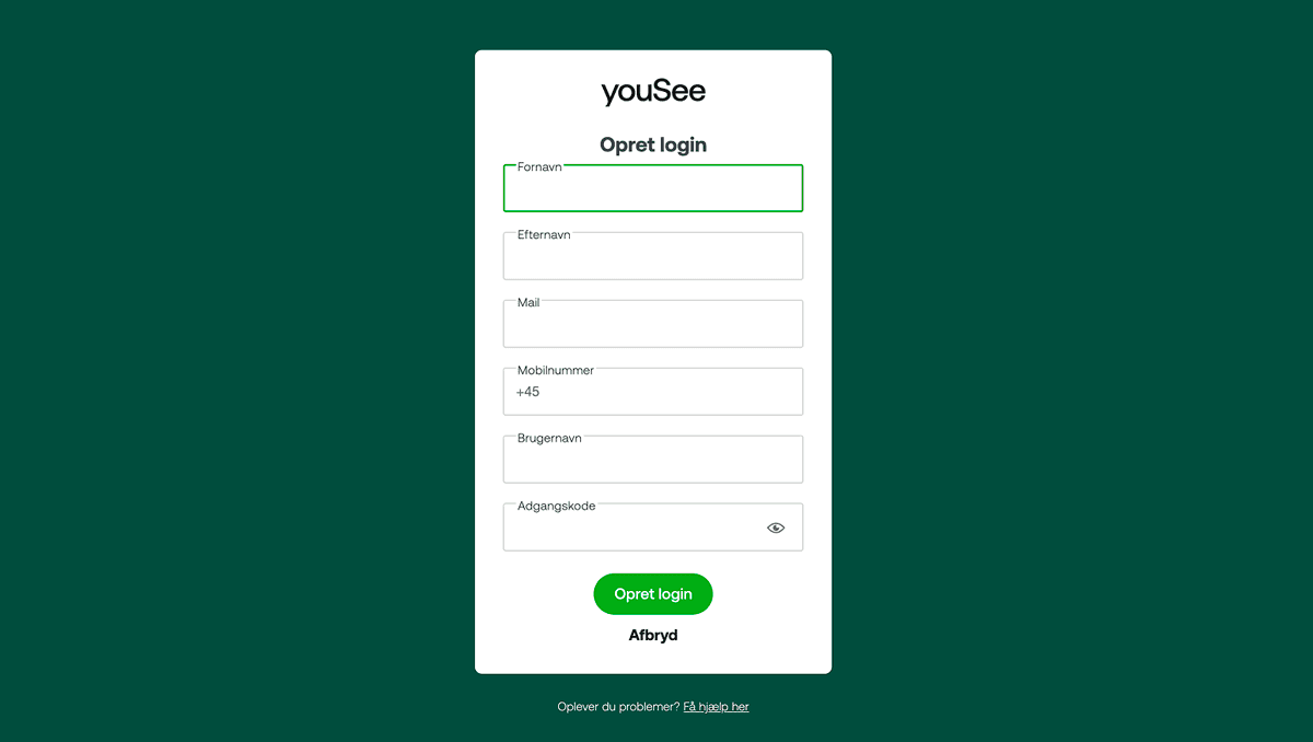 Loginformular til oprettelse af YouSee-konto med felter til fornavn, efternavn, mail, mobilnummer, brugernavn og adgangskode.
