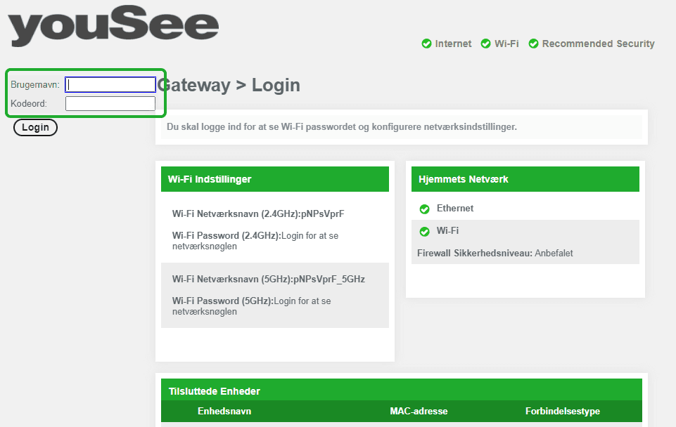 Billedet viser, at du i øverste venstre hjørne skal indtaste "admin" i brugernavnsfeltet og dit admin password i kodeordsfeltet.