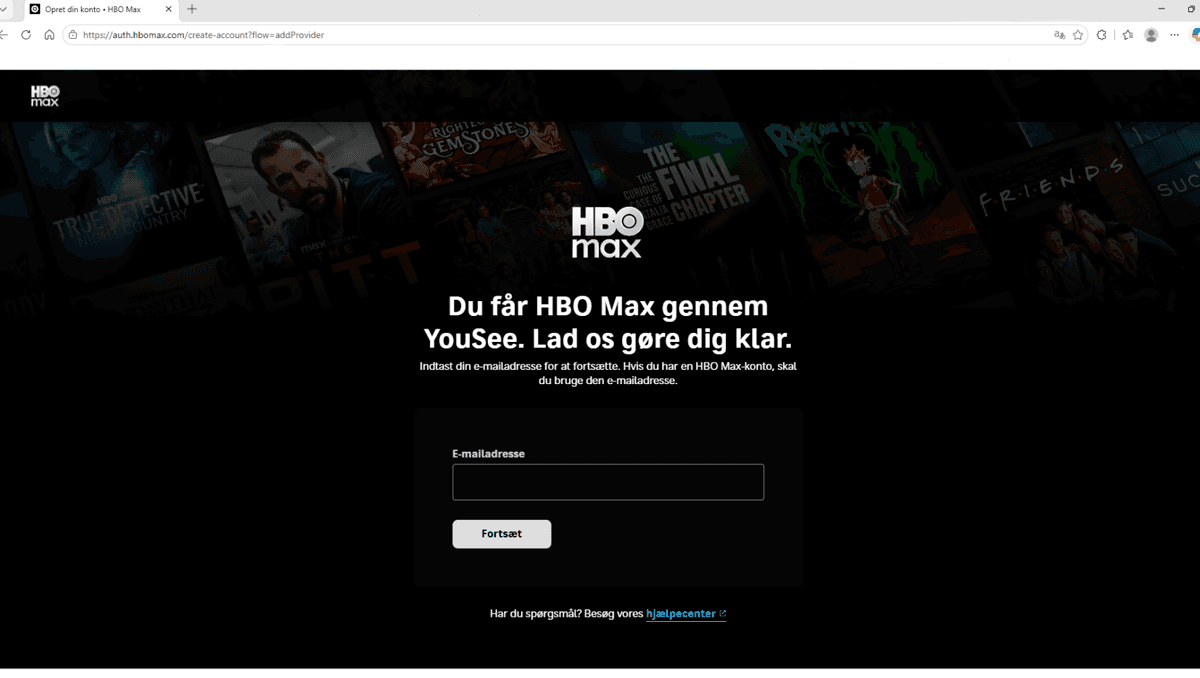 HBO Max oprettelsesside med e-mailfelt til at oprette konto gennem YouSee med serier og film i baggrunden