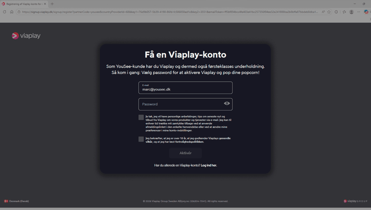 Registreringsformular til Viaplay-konto med felter til e-mail og password samt samtykkebokse til vilkår og markedsføring.