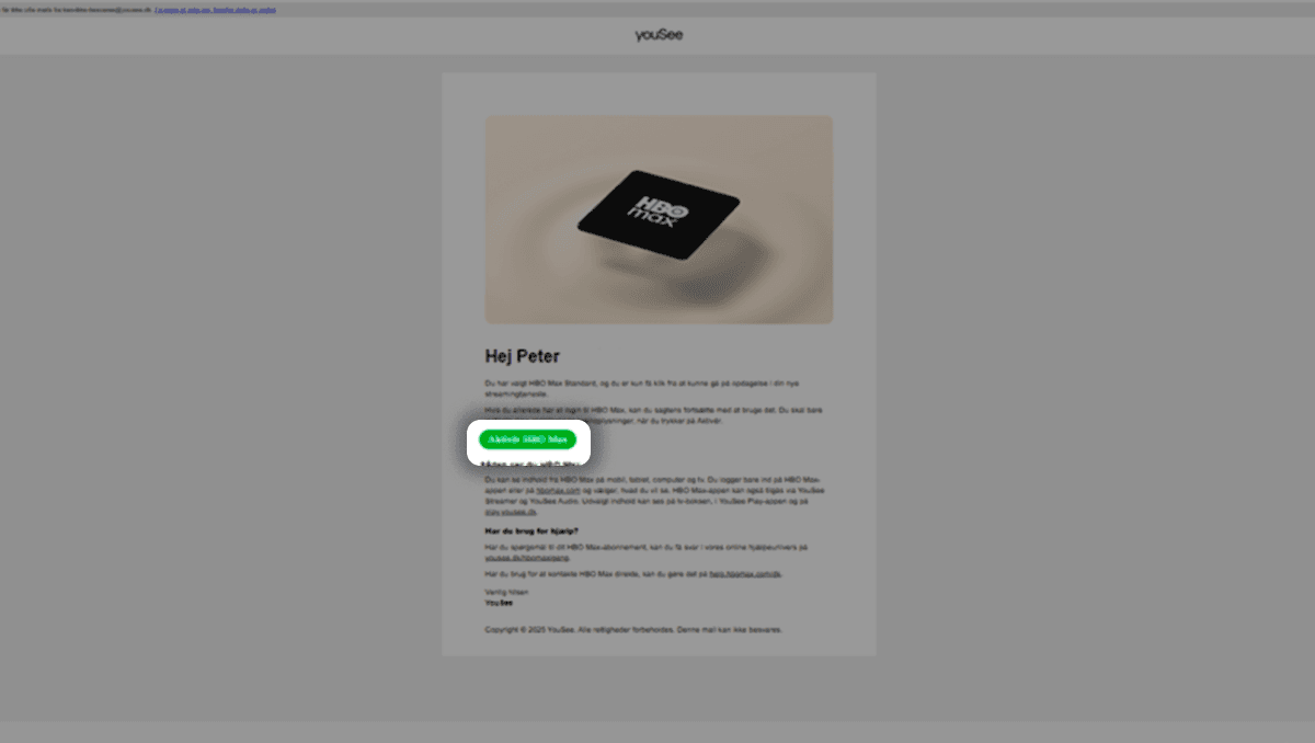 Email fra YouSee om adgang til HBO Max med aktiveringslink.