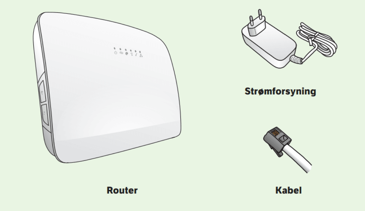På billedet ses en WiFi Router D6, strømforsyningen itl routeren og et gråt kabel til telefonstik.