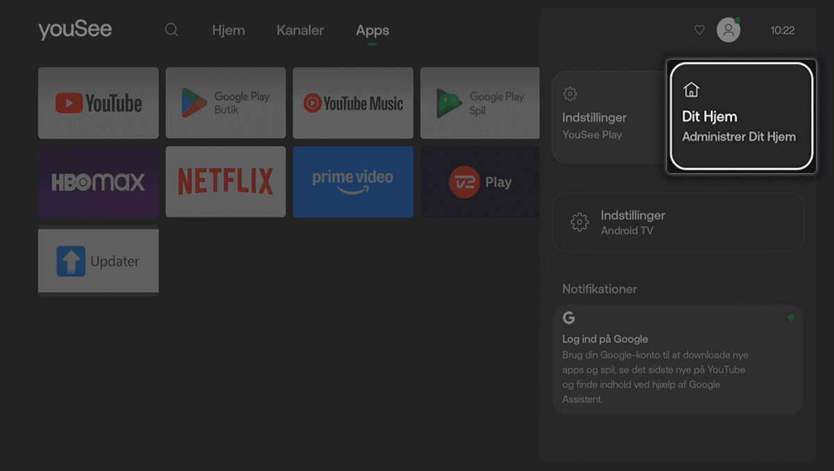 YouSee Play-appen med drop down menu til højre, hvor Dit Hjem er markeret og valgt.