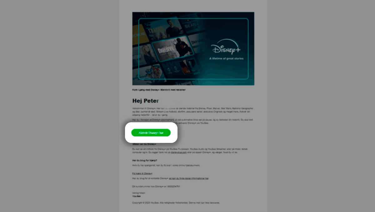 Outlook-indbakke med e-mail fra YouSee om Disney Plus-tilbud og standardreklamer