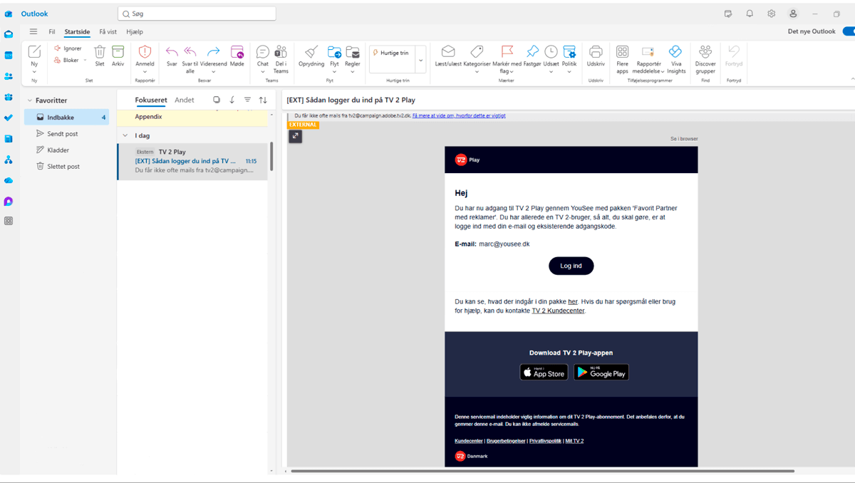 E-mail fra YouSee med loginvejledning til TV 2 Play og downloadlinks til app i App Store og Google Play