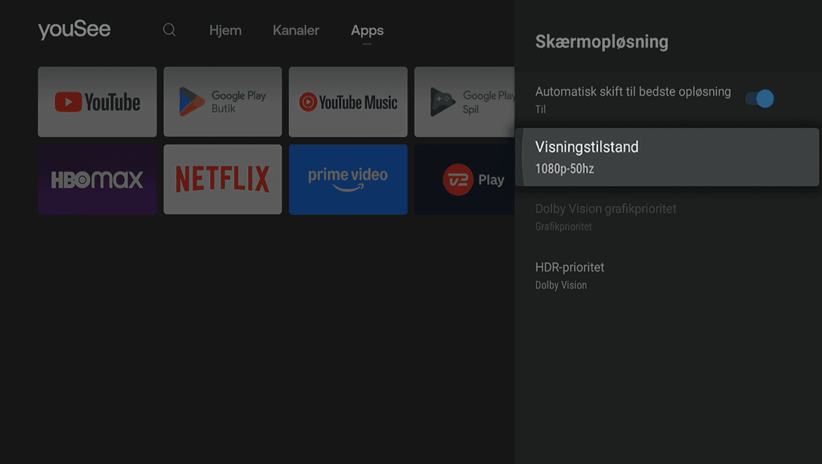 Mørk drop down menu i højre side med Skærmopløsning åbnet, hvor Visningstilstand er fremhævet og sat til 1080p-50hz.