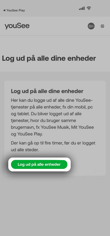 Skærmbillede af YouSee Play-appen med grøn knap til at logge ud på alle enheder samtidigt.