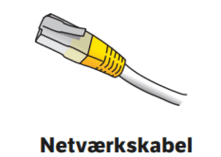 Billedet viser et netværkskabel med gule stik, som du skal bruge til at tilslutte din enhed til internettet, hvis du ikke bruger wifi.