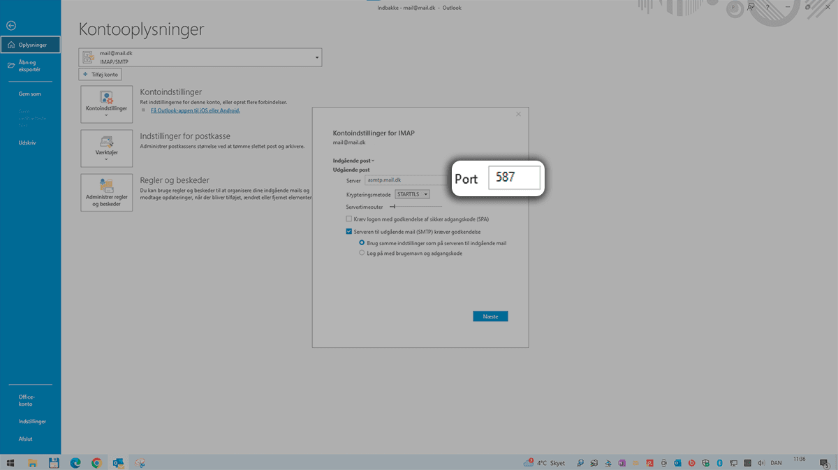 Outlook‑vindue med dialogboks; portnummer 587 er markeret.
