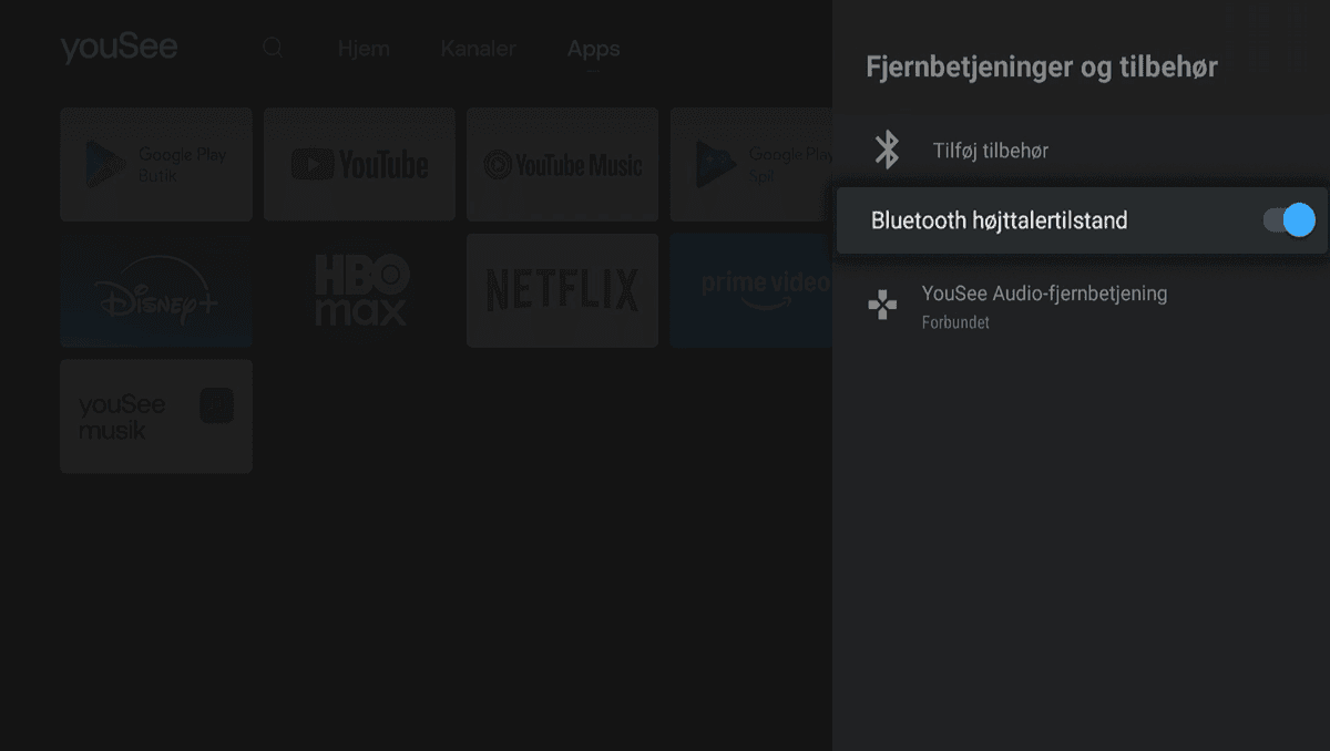 Mørk drop down menu til højre af skærmen, hvor kategorien Bluetooth højtalertilstand er slået til med en blå knap.
