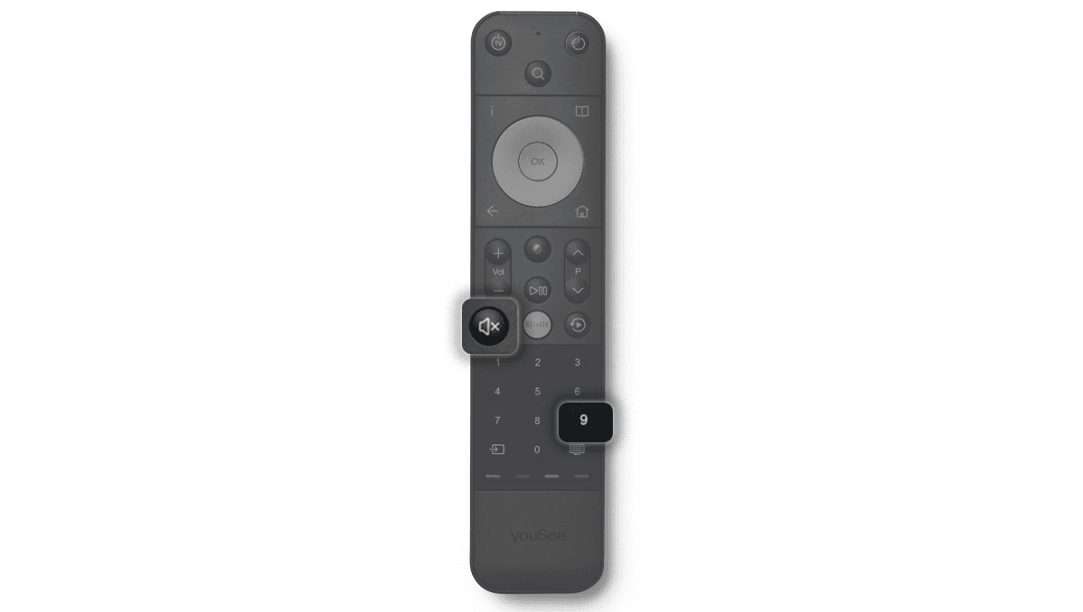 YouSee fjernbetjening med navigationshjul, talknapper og funktionsknapper til tv og streaming.