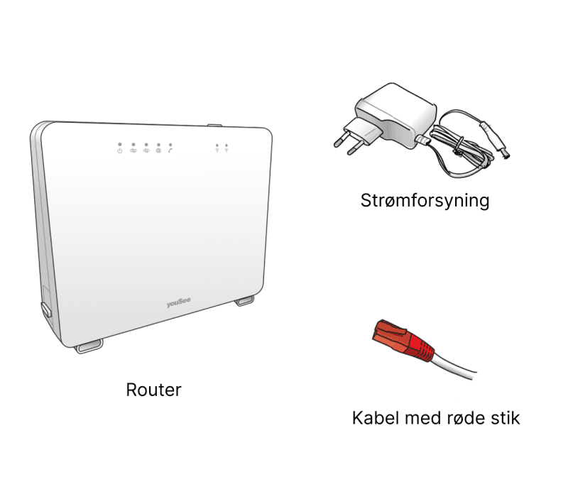 Billedet viser en router en strømforsyning og et kabel med et rødt stik i enden.