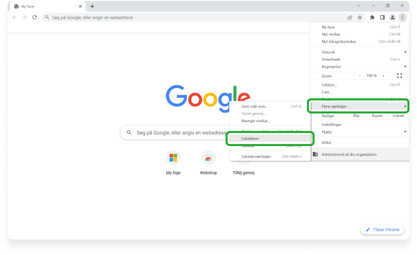 Klik på de tre prikker øverst til højre i din browser og vælg Flere Værktøjer og undermenuen Udvidelser.