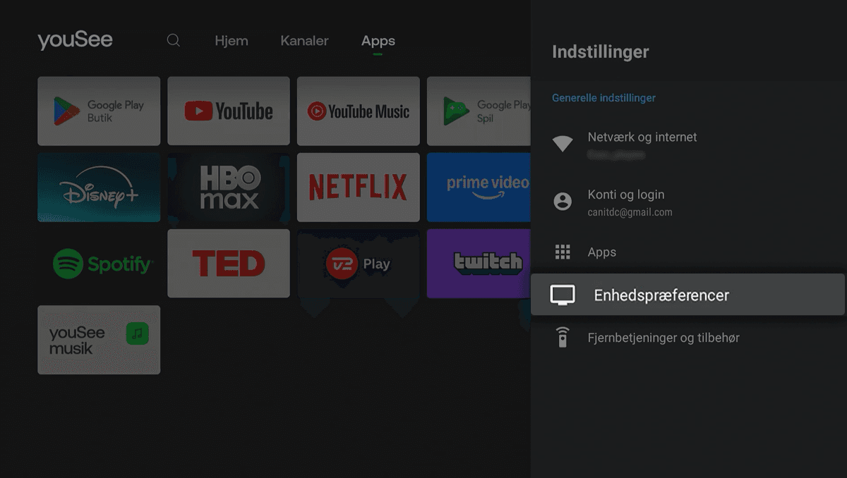 Mørk drop down menu i højre side, hvor Enhedspræferencer er fremhævet og valgt under Indstillinger.