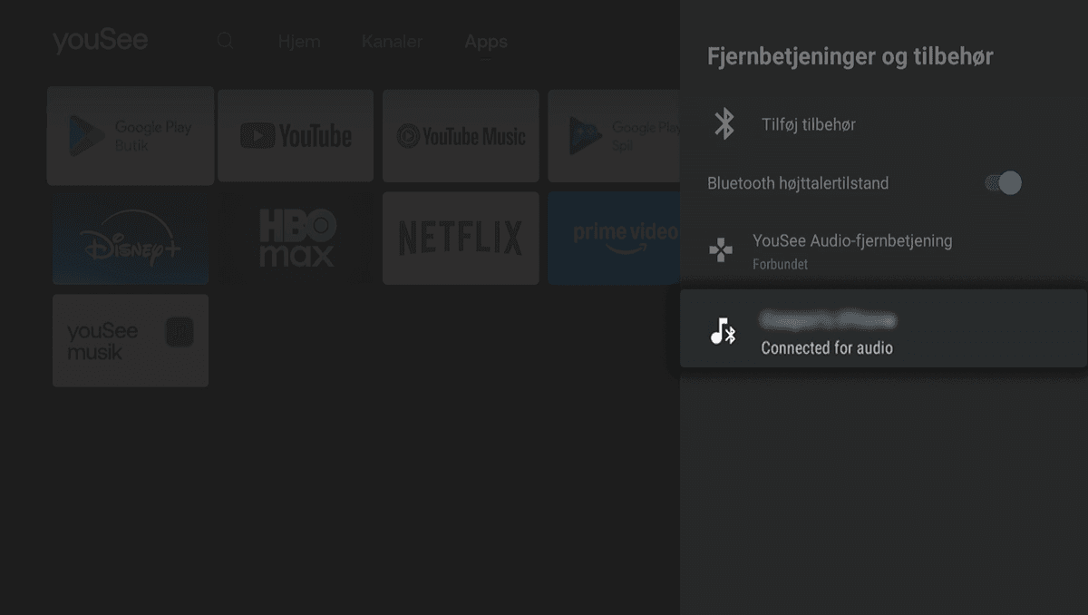 Mørk drop down menu til højre, hvor en knap med din mobil/tablet er fremhævet med skriften Connected for Audio under.