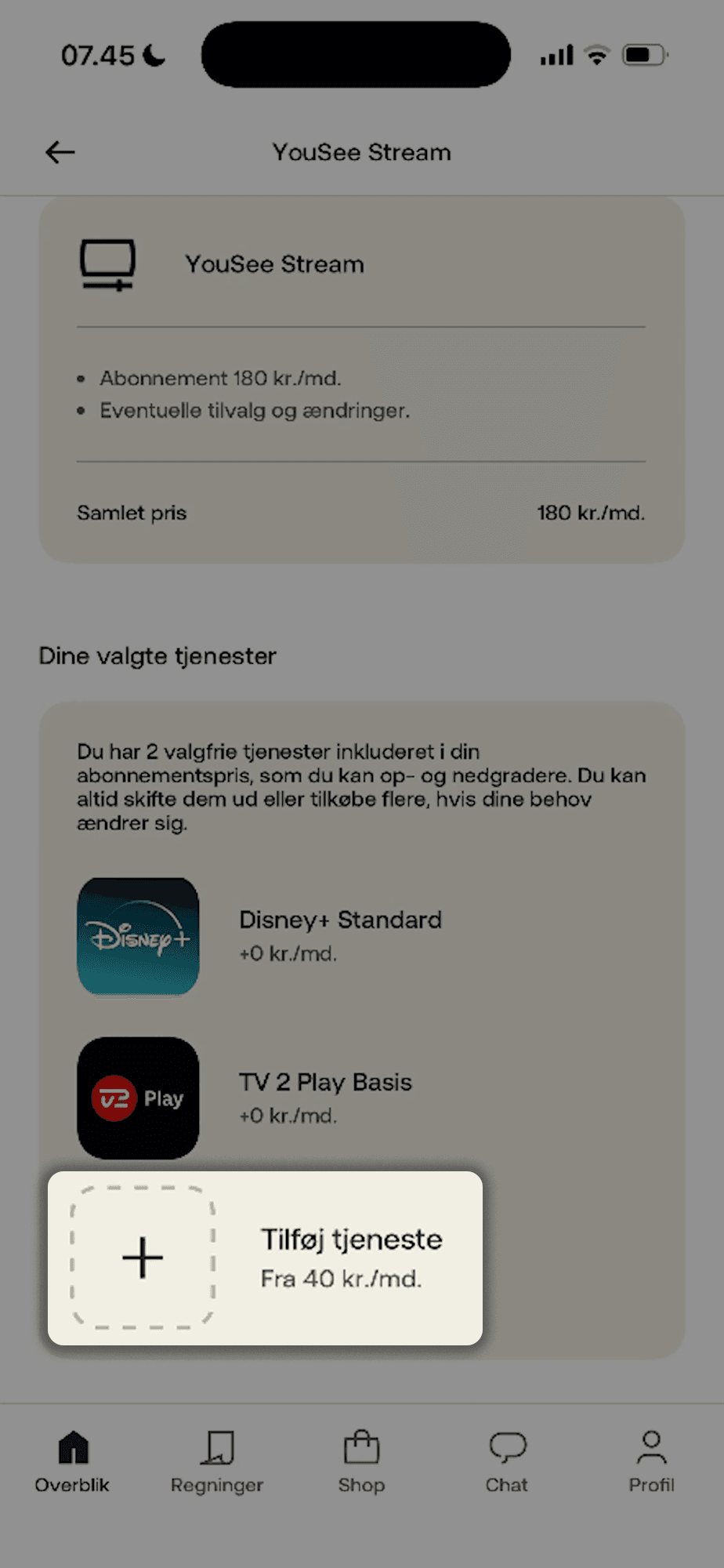 Informationsside for YouSee Stream, hvor du kan se dine valgte streamingtjenester. Tilføj tjeneste er markeret og fremhævet.
