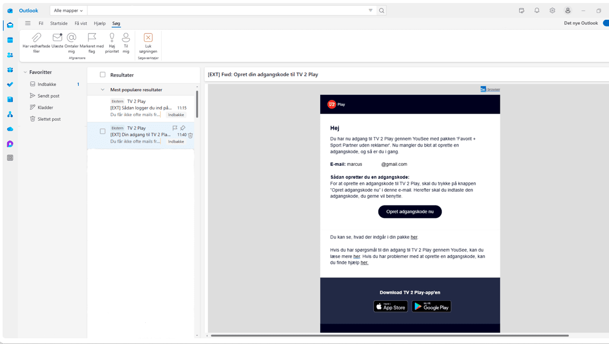 E-mail fra TV 2 Play med vejledning til oprettelse af adgangskode til YouSee-pakken vist i Outlook