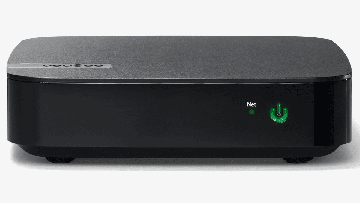 YouSee Tv-boks YS4000 i sort med grå top, grøn tænd-knap og netværksindikator på forsiden.
