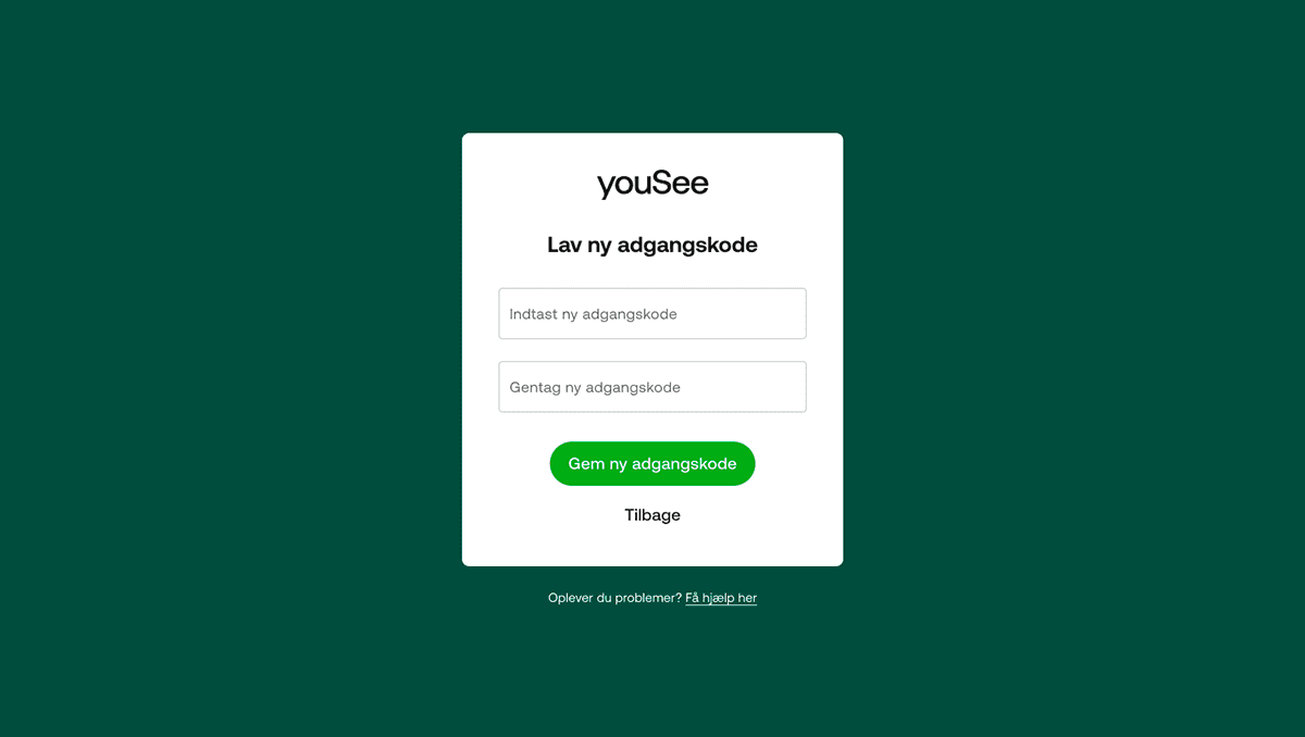 Formular til oprettelse af ny adgangskode hos YouSee med to indtastningsfelter og en grøn bekræftelsesknap
