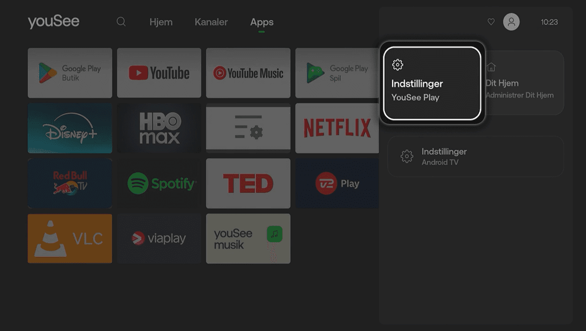 YouSee Play app-oversigt med åben drop down menu til højre i vundet. Indstillinger er markeret og valgt.