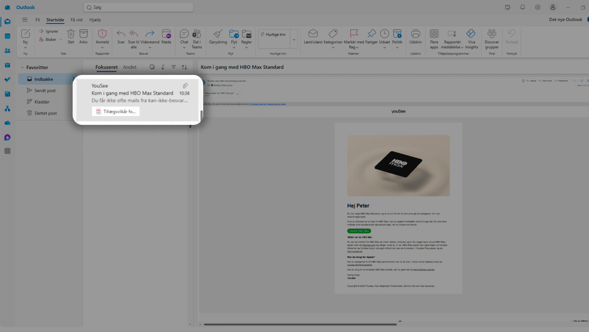 HBO Max-boks til streaming vist i e-mail om opgradering til HBO Max Standard