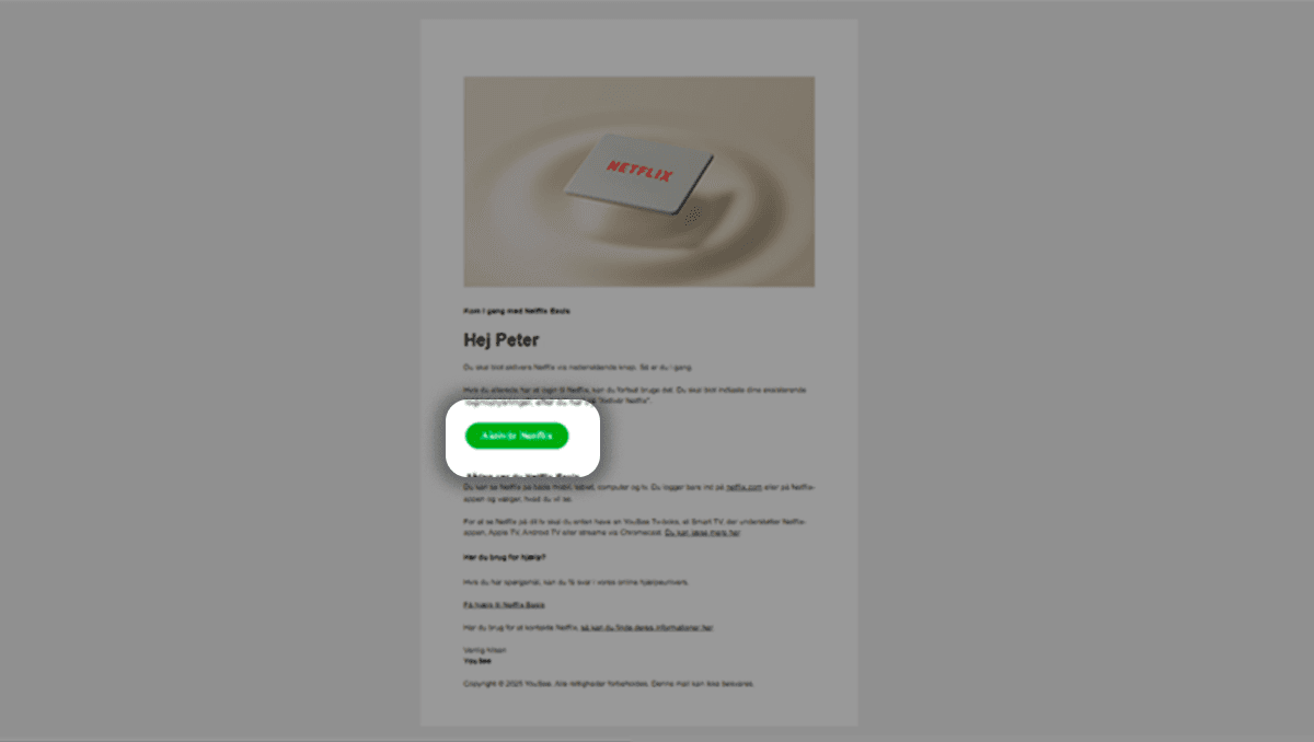 Outlook-indbakke med fokuserede e-mails fra Netflix og YouSee om streaming-tjenester og velkomstbeskeder