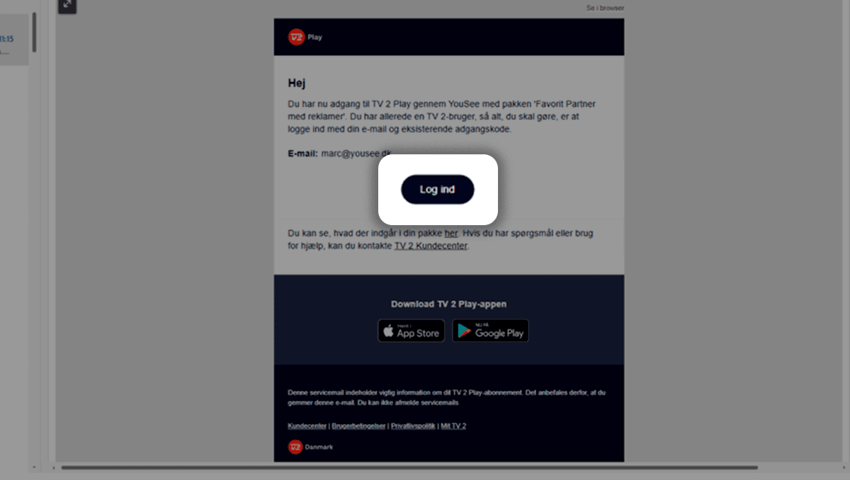 Log ind-knap til TV 2 Play-abonnement via YouSee med e-mail og adgangskode