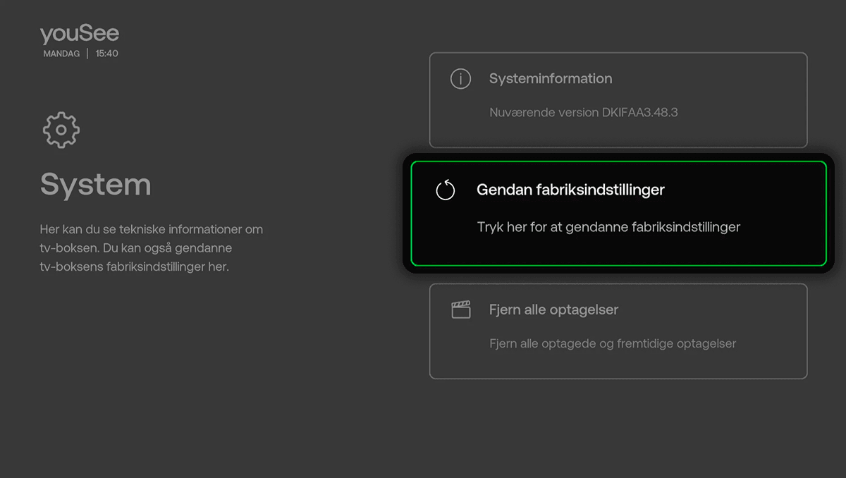 YouSee tv-boks systemindstillinger med fremhævet knap til gendannelse af fabriksindstillinger