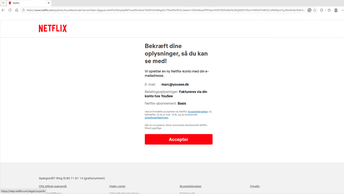 Netflix-bekræftelsesside med oplysninger om ny konto oprettet med e-mailadresse og betalingsmetode via YouSee