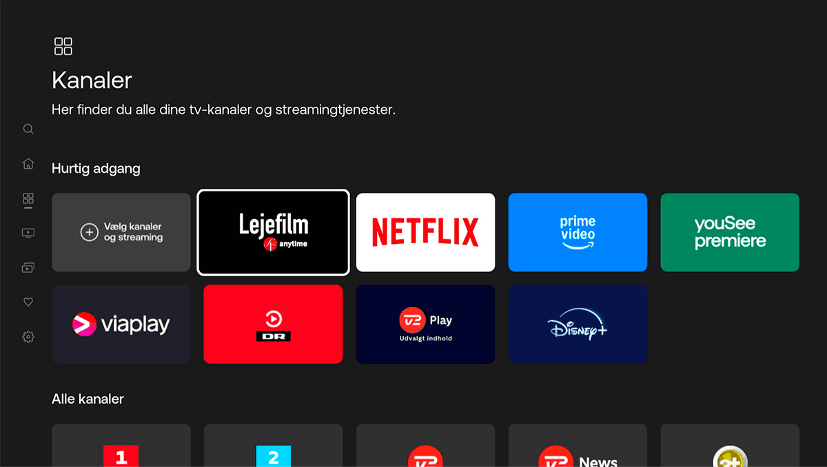 Oversigt over tv-kanaler og streamingtjenester i YouSee-appen med ikoner for Netflix, Prime Video, Viaplay, DR og Disney Plus.