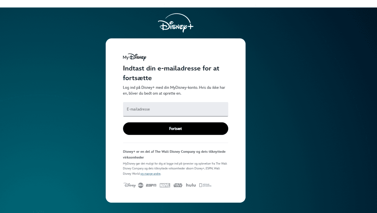 Login-skærm til Disney Plus med felt til indtastning af e-mailadresse for at fortsætte med MyDisney-konto.