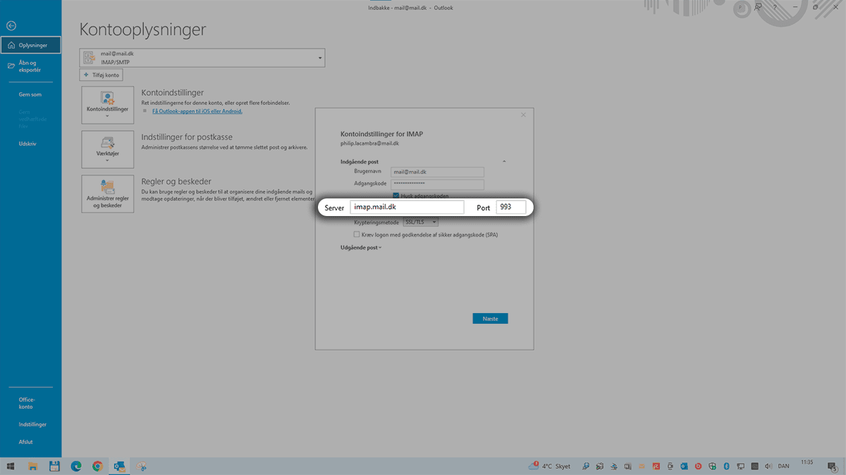 Outlook‑vindue med highlight på IMAP‑server og port 993.
