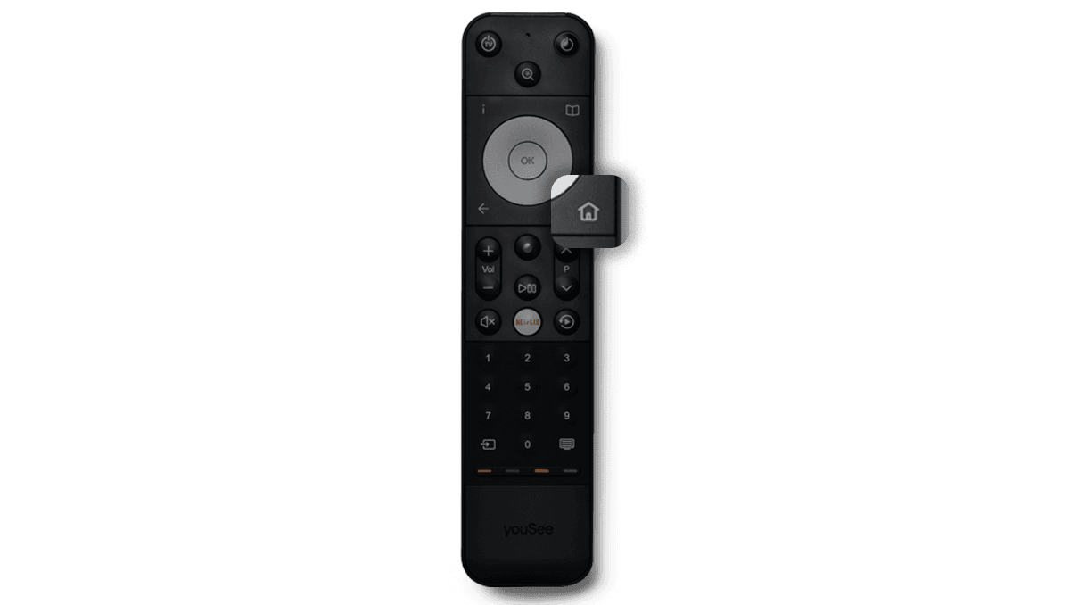 Sort YouSee-fjernbetjening med navigationshjul, talknapper og hjem-knap til tv og streaming.