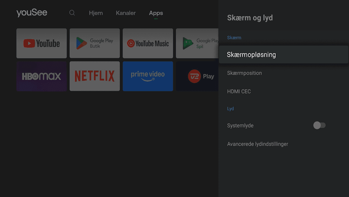 Mørk drop down-menu til højre med Skærm og lyd åbnet, hvor Skærmopløsning er fremhævet og valgt under Skærm.