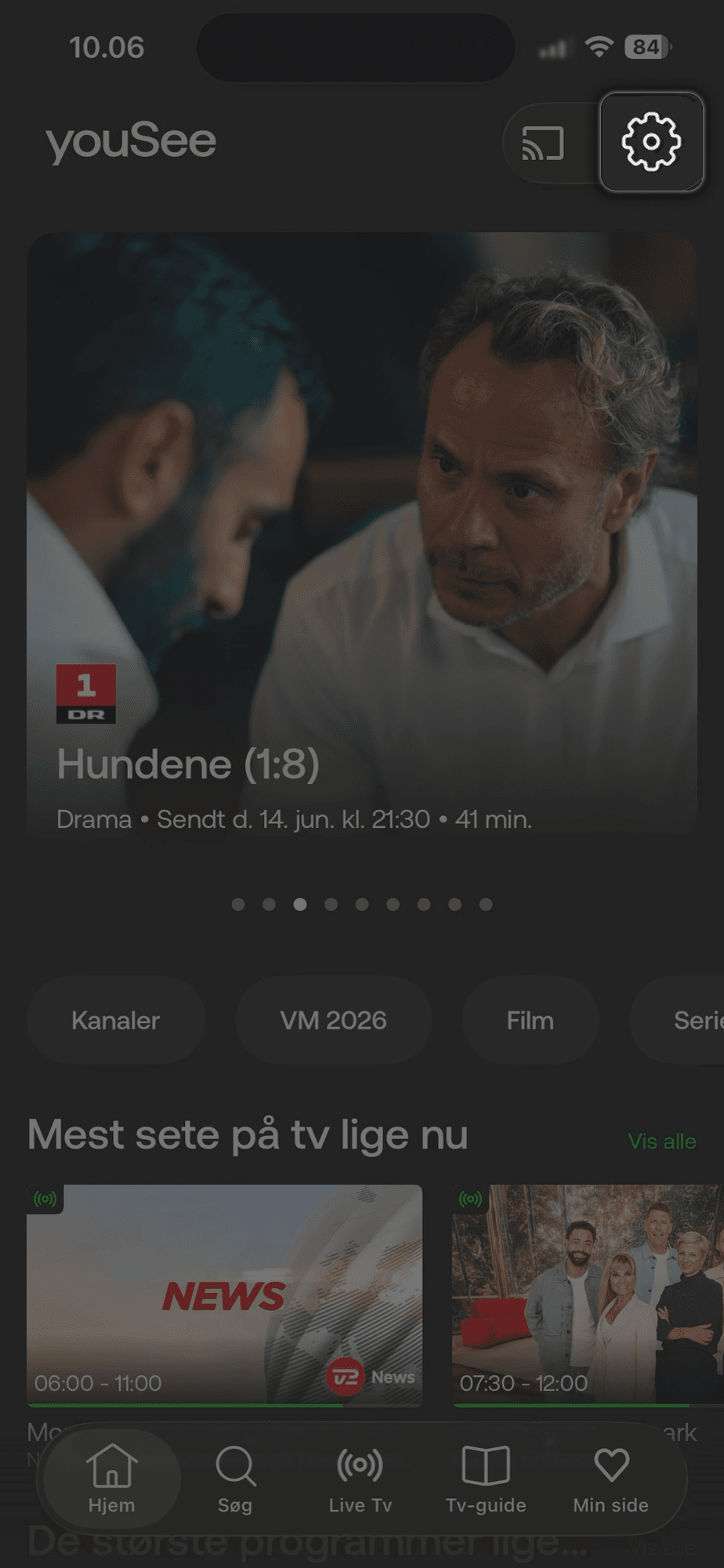 YouSee tv-app med fremhævet tandhjul i øverste højre hjørne, som er Indstillinger.