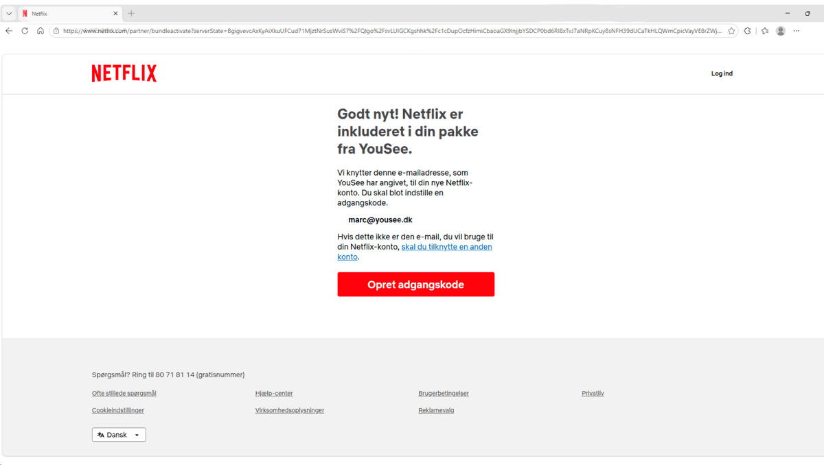 Netflix-aktiveringsside fra YouSee med besked om at indtaste adgangskode for at knytte Netflix til YouSee-konto.