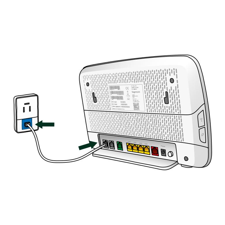 På billedet er netværkskablet med grå stik tilsluttet routerens DLS 1 indgang placeret yderst til venstre på routeren, når den ses bagfra. Den anden ende af kablet er tilsluttet vægstikket.