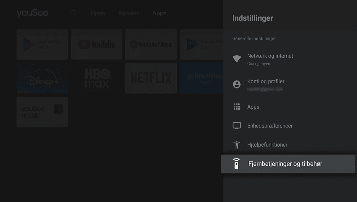 Skærmbillede af indstillingsmenu hvor Fjernbetjeninger og tilbehør er fremhævet.