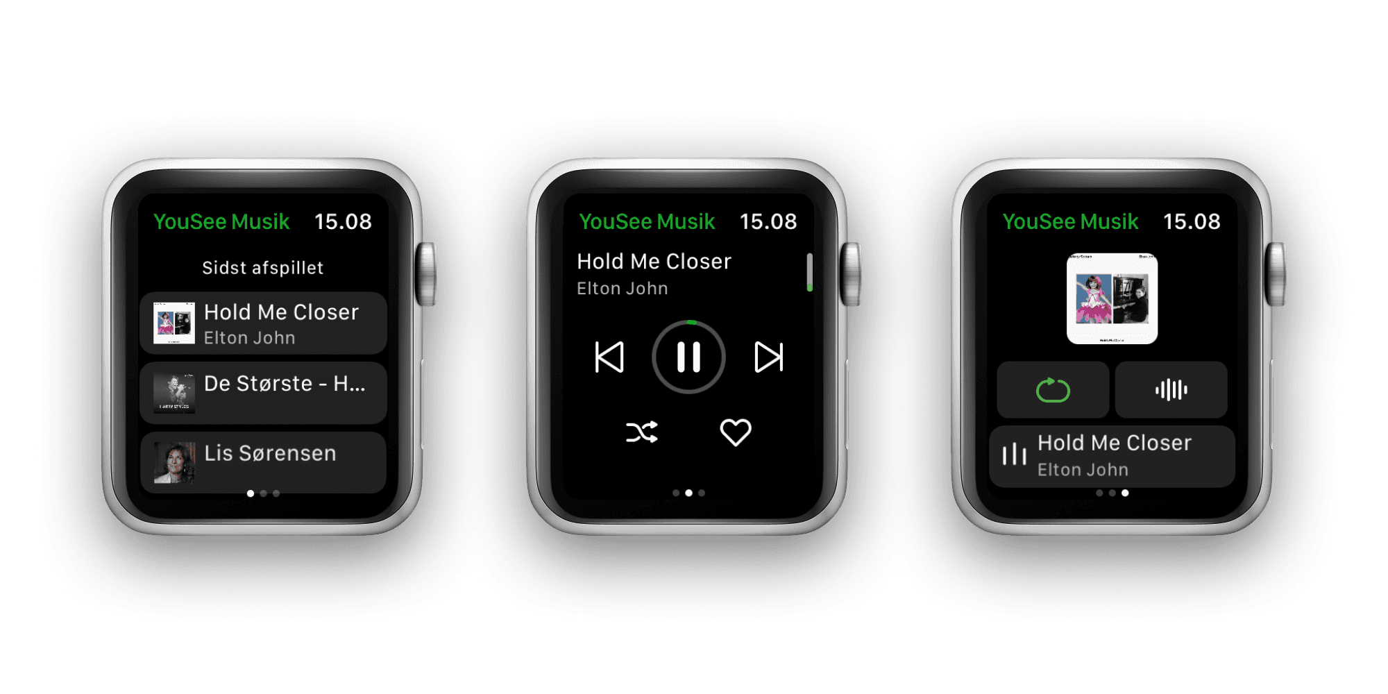 På dit Apple Watch kan du se, hvordan det ser ud når du bruger YouSee Musik