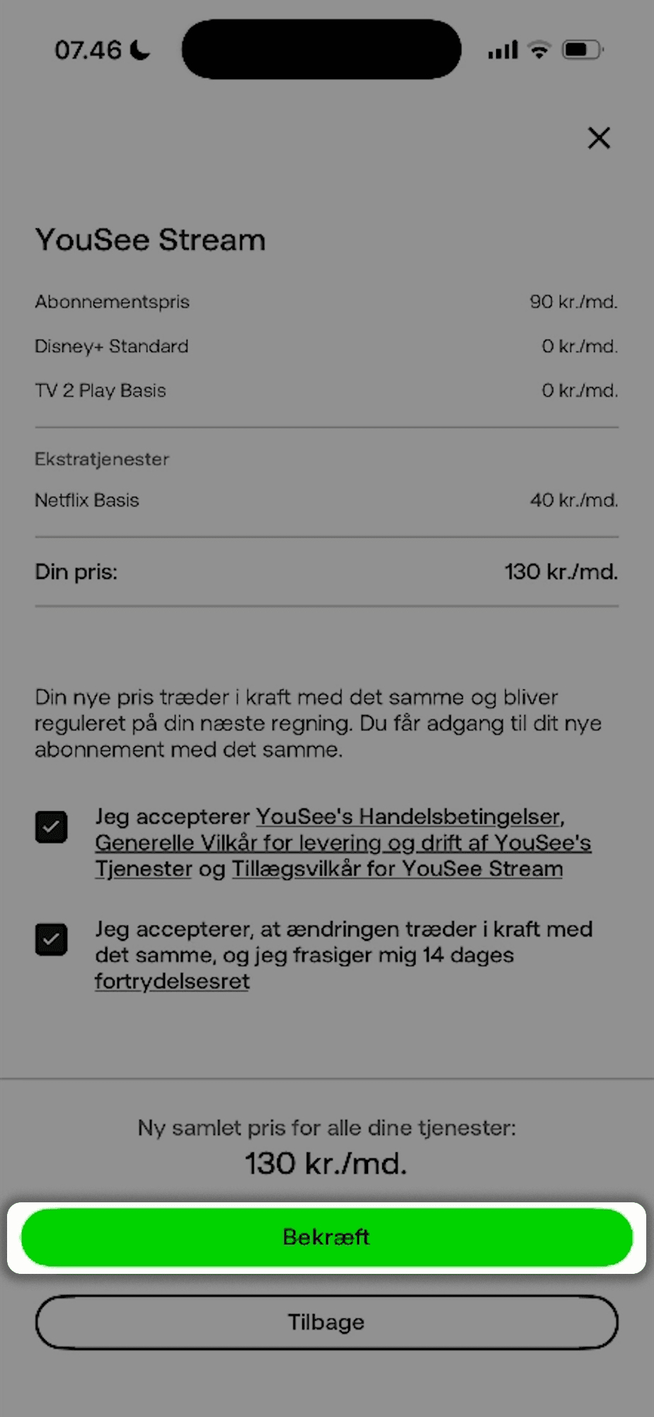 Bekræftelsesside for valg af YouSee Stream-abonnement med Netflix tilføjet. Der er sat flueben i to bokse og nederst er en grøn "bekræft"-knap fremhævet. Nederst er der en tilbage-knap.