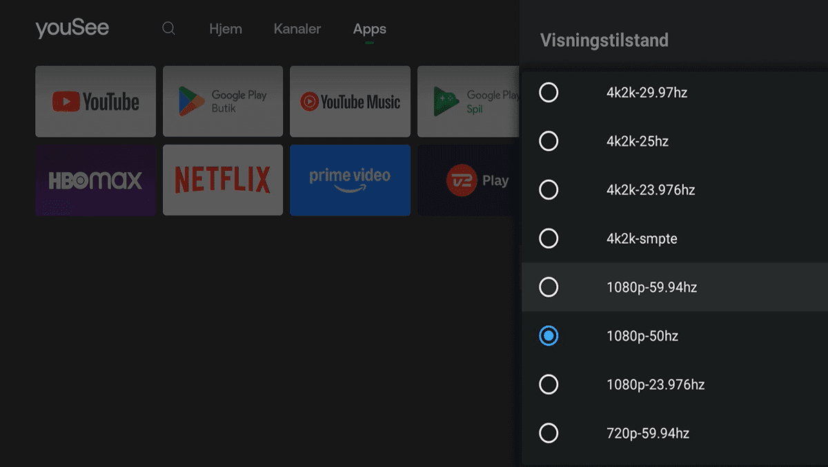Mørk drop down menu i højre side med Visningstilstand åbnet, hvor 1080p-50hz er markeret som valgt blandt flere opløsnings- og frekvensmuligheder.