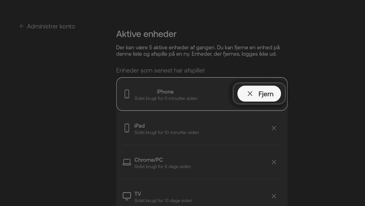 Liste over aktive enheder med mulighed for at fjerne iPhone, iPad, Chrome/PC og TV fra kontoen. Fjern-knappen ud for iPhone er markeret.