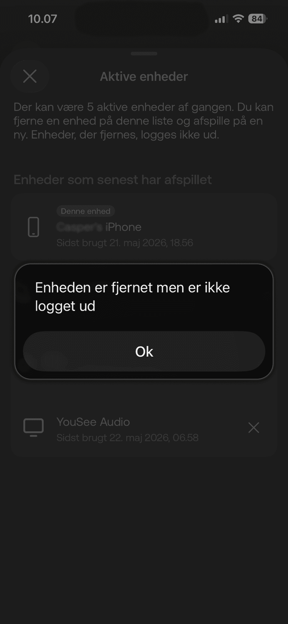 Meddelelse på YouSee Play-app der viser, at en enhed er fjernet men ikke logget ud fra YouSee Play-appen.