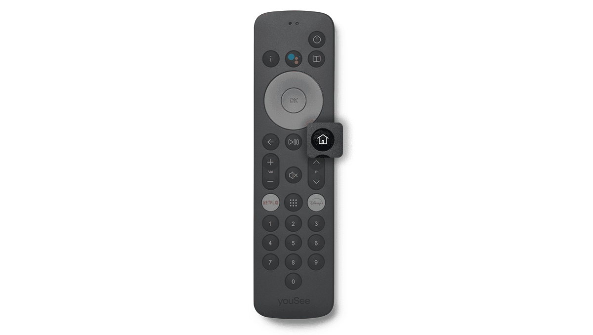 Fjernbetjening med navigationshjul, talknapper og genveje til Netflix, Disney+ og Google Assistent, hvor "Menu"-knappen sidder i højre side midt på.