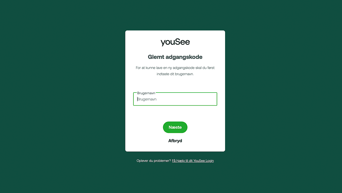 YouSee loginside til at oprette ny adgangskode med indtastningsfelt til brugernavn og grøn næste-knap