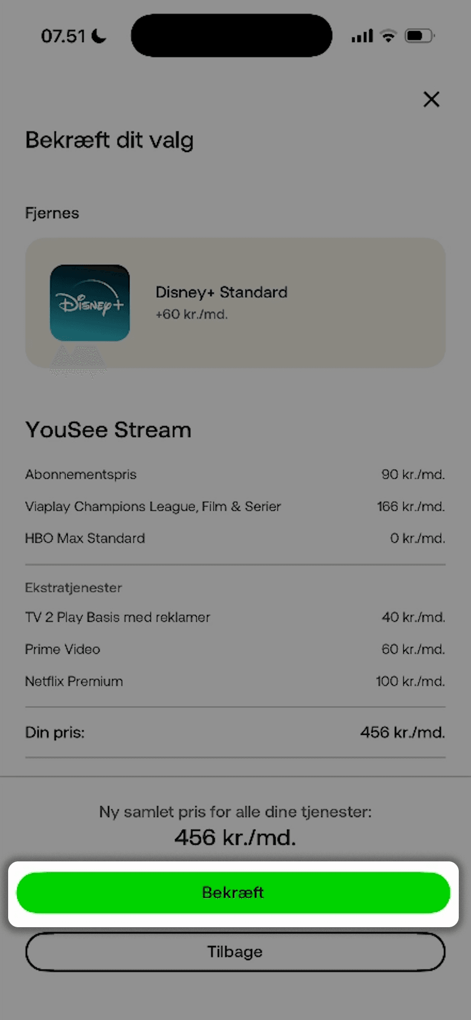Bekræftelsesside for valg af YouSee Stream-abonnement med fjernet Disney +. Grøn "Bekræft"-knap er markeret og fremhævet i bunden. Under den er der en "Tilbage"-knap.