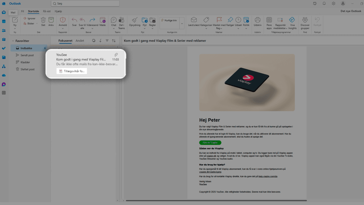 Viaplay-logo på mørk firkant vist i e-mail om streaming og reklamer
