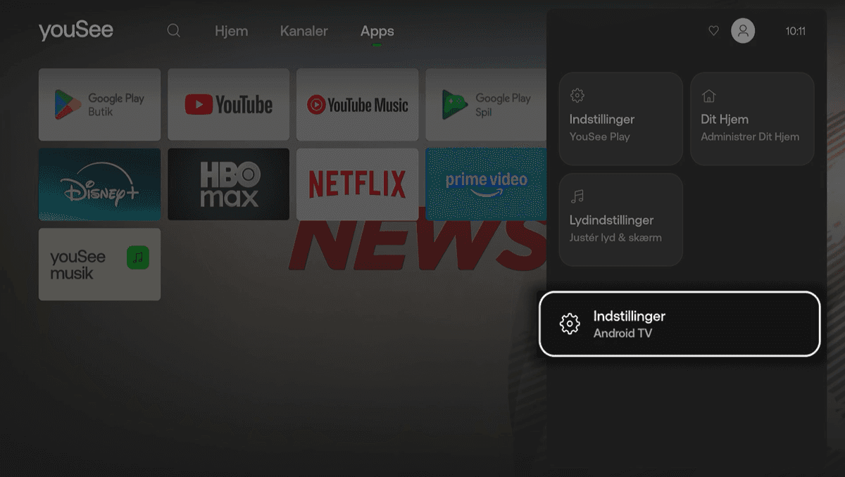 Drop down menu til højre, hvor feltet Indstillinger Android TV nederst er markeret med hvid ramme, og der over ses valgene Indstillinger YouSee Play, Dit Hjem og Lydindstillinger.