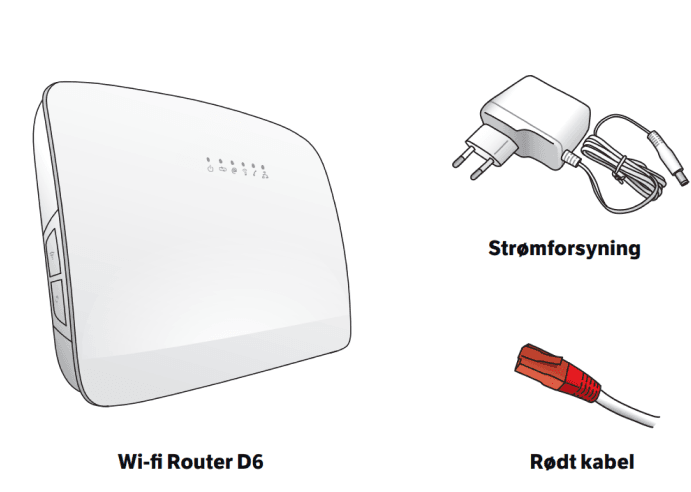 På billedet ses en WiFi Router D6, en strømforsyning og et netværkskabel med røde stik. Det skal bruges til at opsætte din router via fiber.